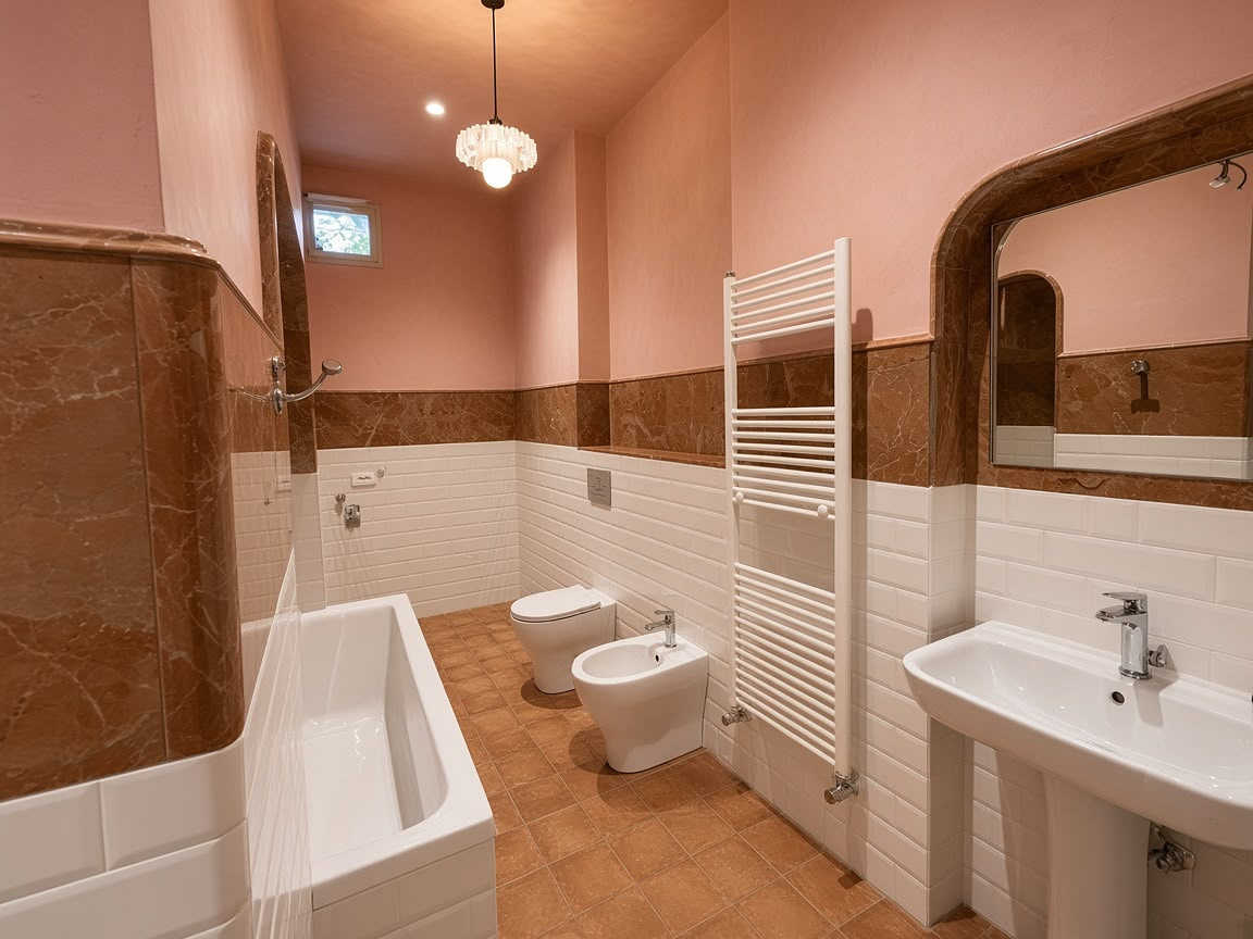 Bagno con fascia in marmo, vasca, sanitari sospesi e radiatore scaldasalviette
